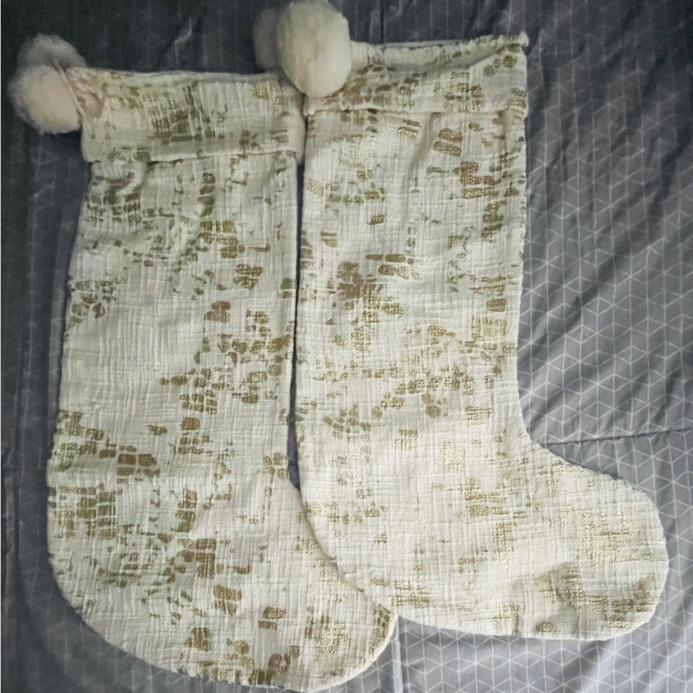 Christmas Stockings Lot Of 2 Domain 100% Cotton Gold Shimmer Sparkle Neutral